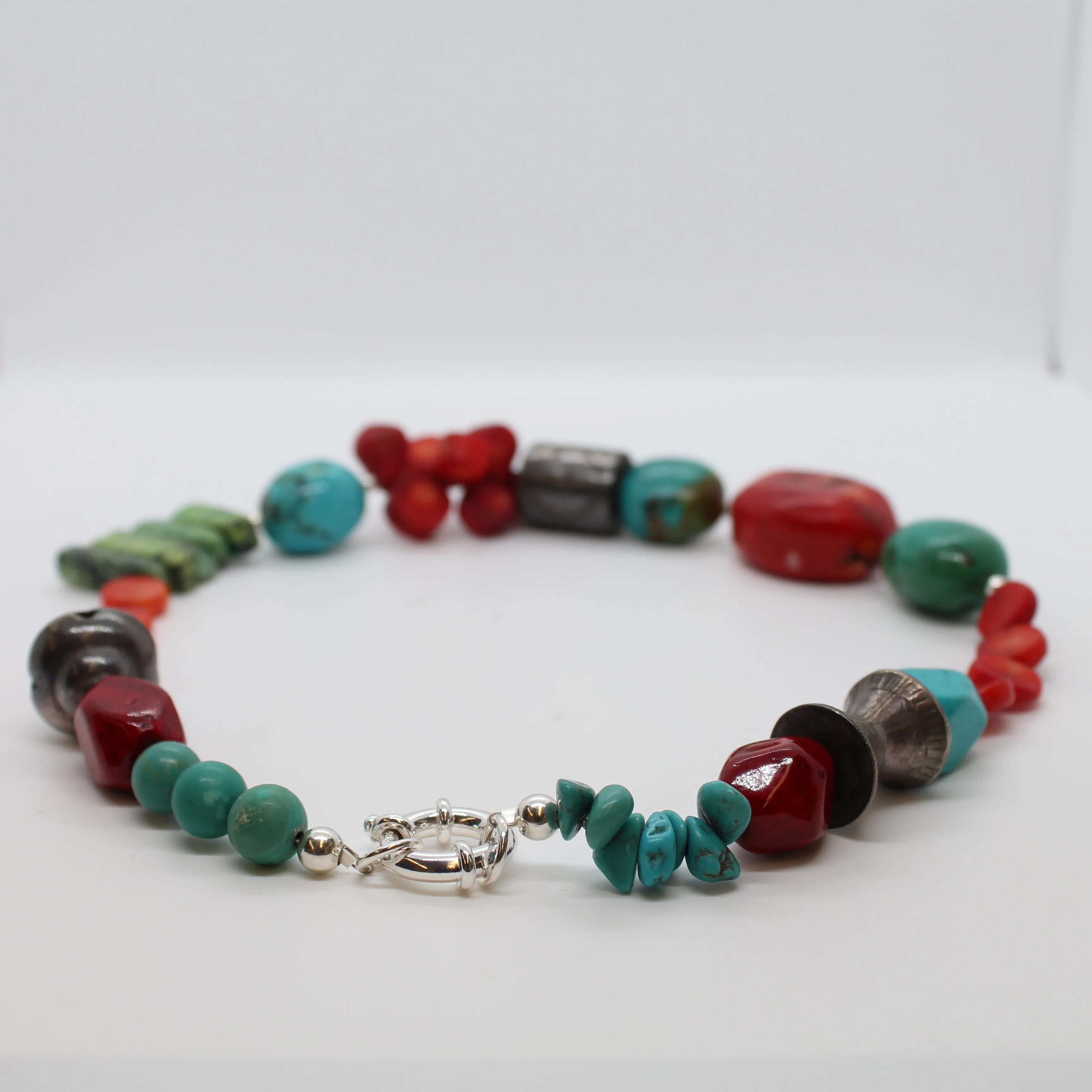Necklace, Natural Coral, Turquoise, and Silver, #N213
