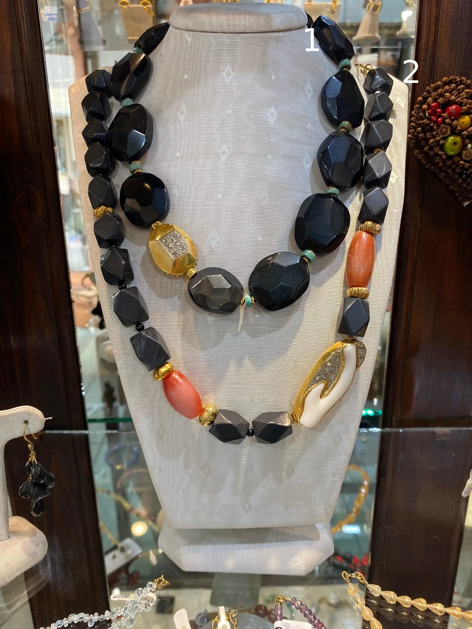 Necklace with Black Obsidian,  Carnelian, Coral with Diamonds and 18k gold elements