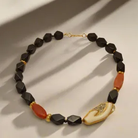 Necklace with Black Obsidian,  Carnelian, Coral with Diamonds and 18k gold elements