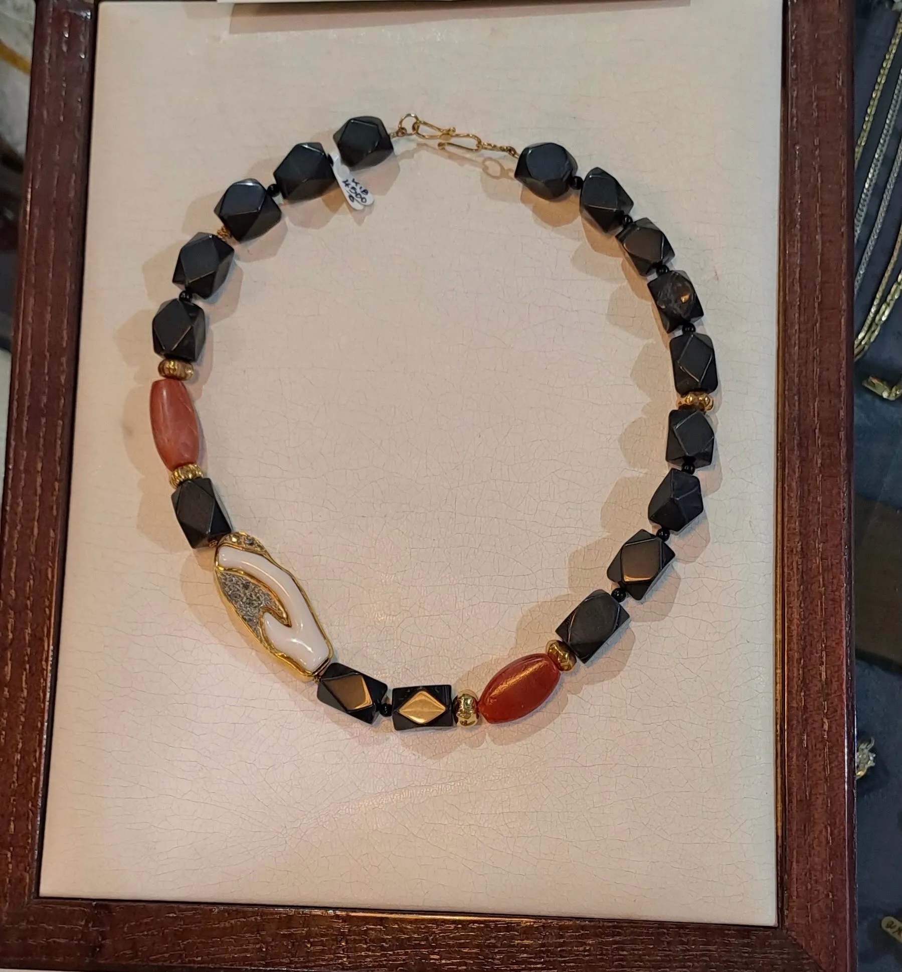 Necklace with Black Obsidian,  Carnelian, Coral with Diamonds and 18k gold elements