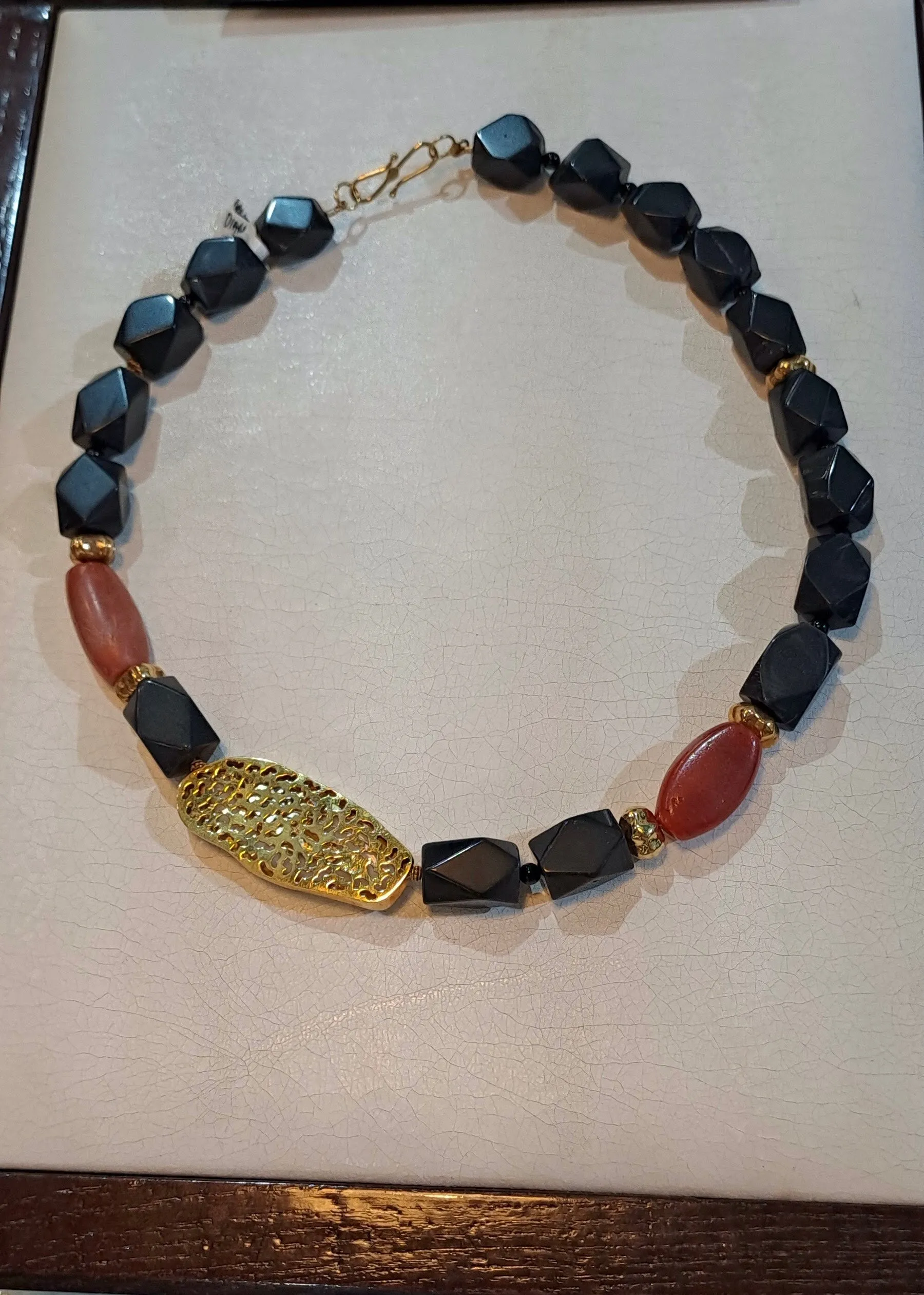 Necklace with Black Obsidian,  Carnelian, Coral with Diamonds and 18k gold elements