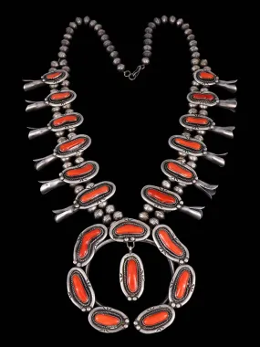 Old Vintage Sterling Silver Natural Coral Squash Blossom Necklace