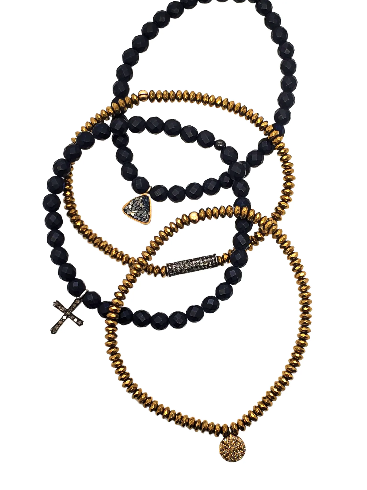 Onyx Bead & Diamond Cross Charm Bracelet