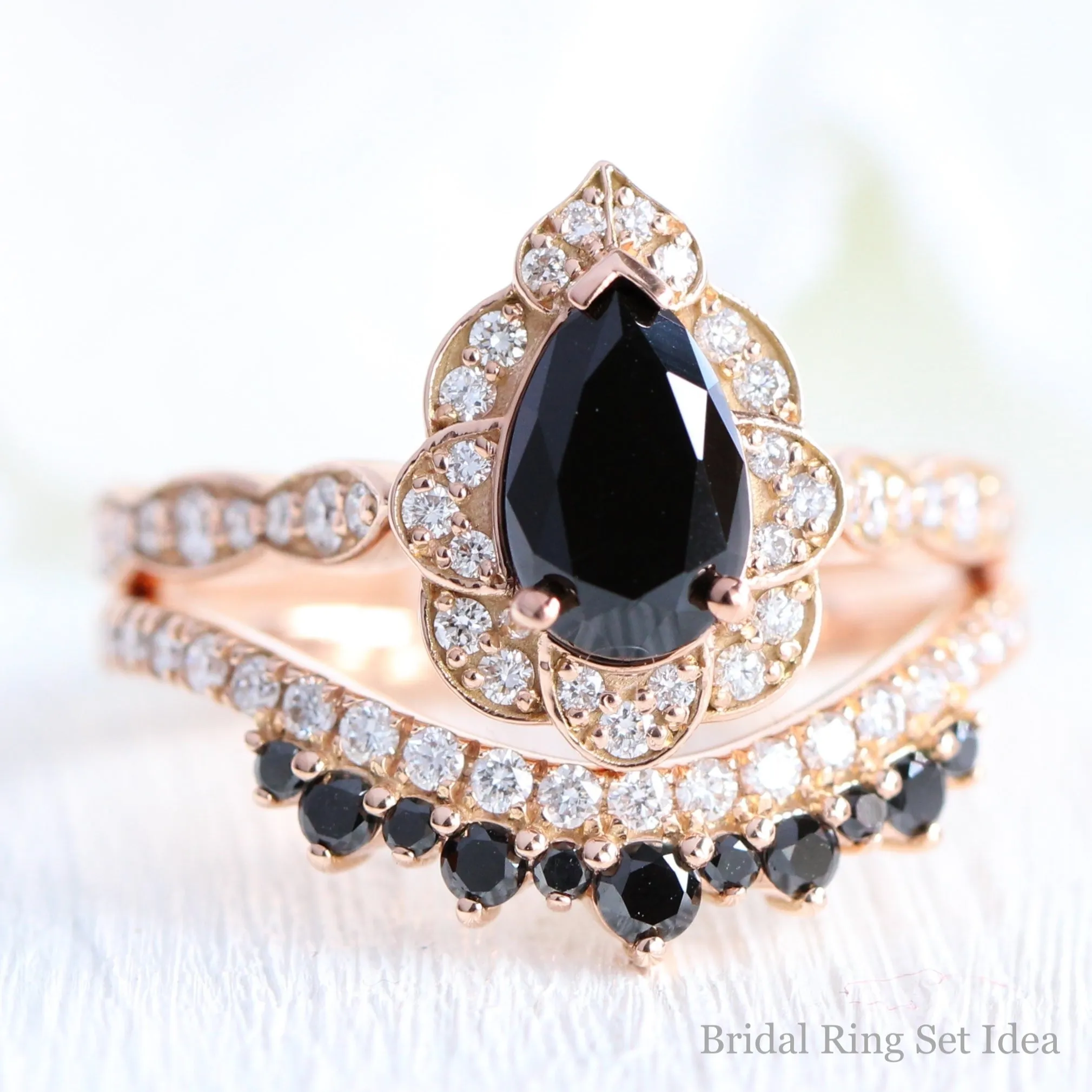 Pear Black Diamond Engagement Ring in Vintage Floral Scalloped Band