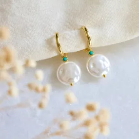 Pearl and Turquoise Huggie Hoop Earrings - Hypoallergenic