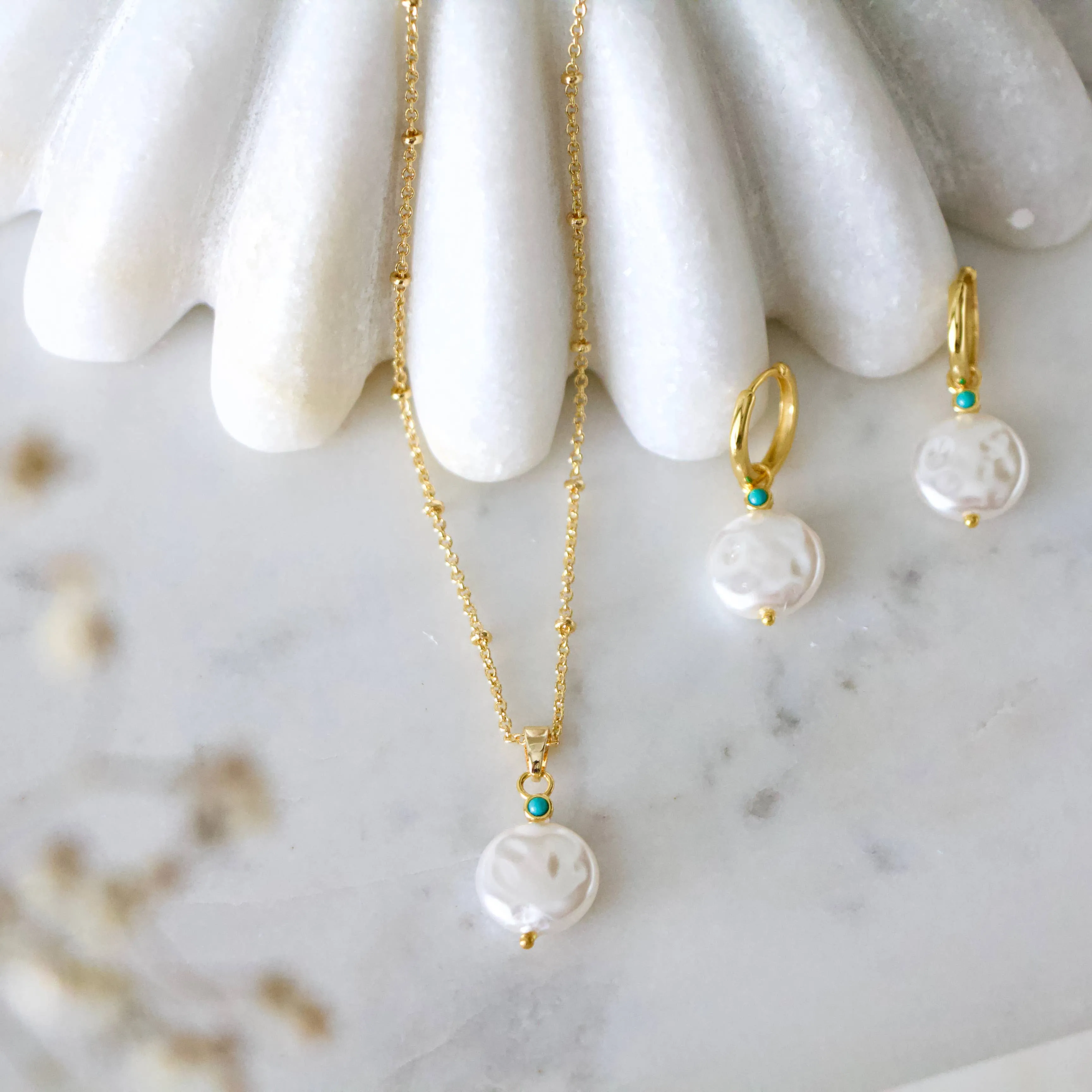 Pearl and Turquoise Huggie Hoop Earrings - Hypoallergenic