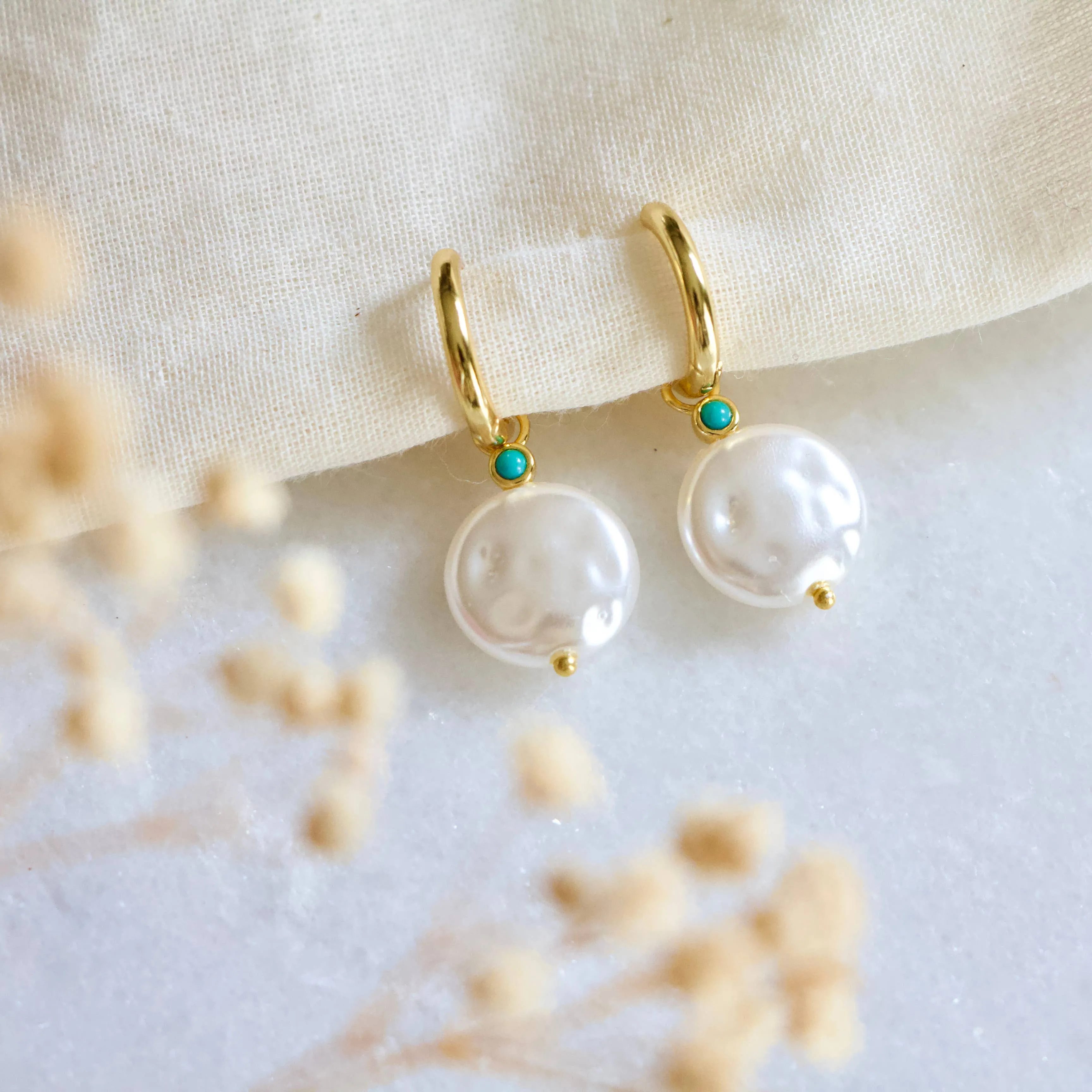 Pearl and Turquoise Huggie Hoop Earrings - Hypoallergenic