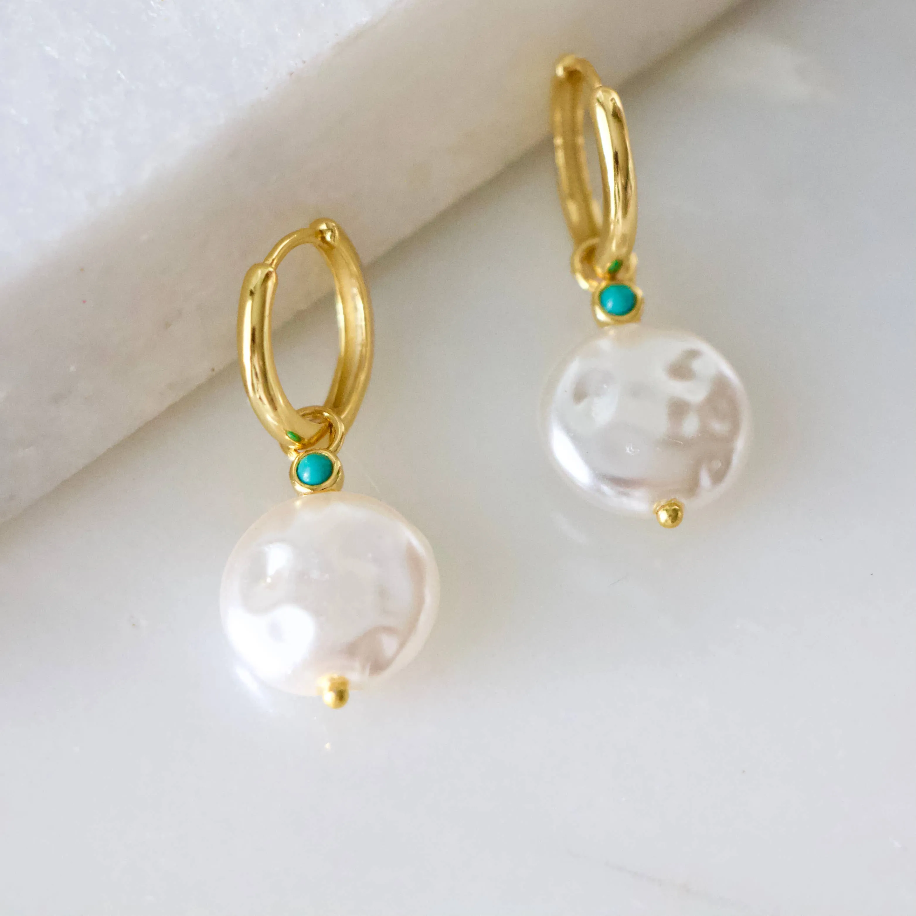 Pearl and Turquoise Huggie Hoop Earrings - Hypoallergenic