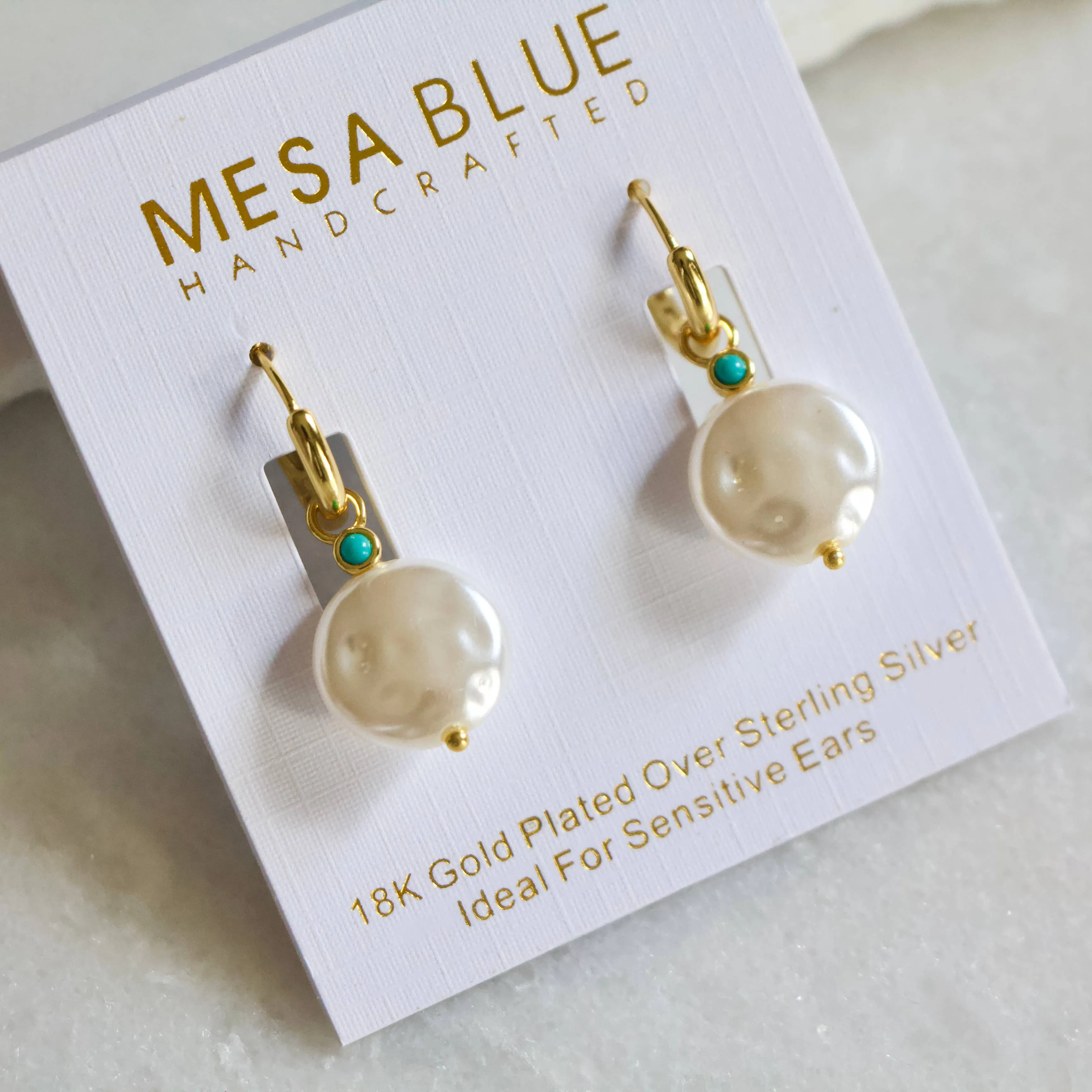 Pearl and Turquoise Huggie Hoop Earrings - Hypoallergenic