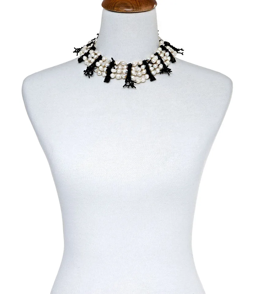 Pearl Collar Black Czech Glass Coral