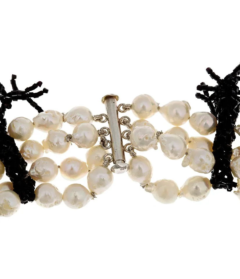 Pearl Collar Black Czech Glass Coral