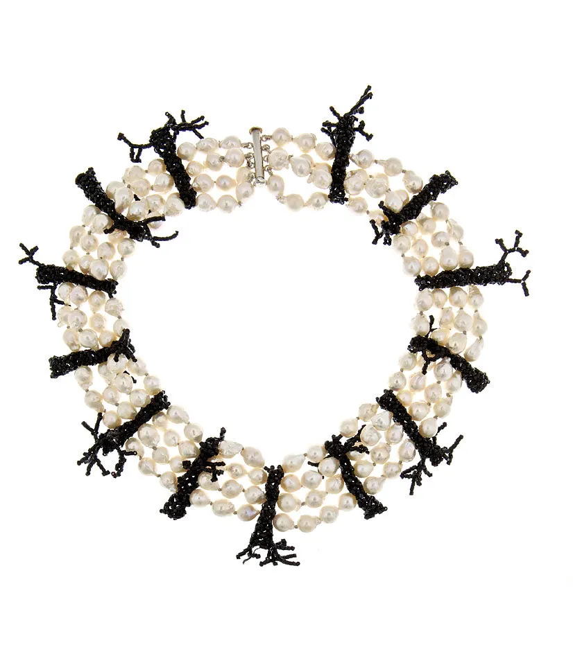 Pearl Collar Black Czech Glass Coral