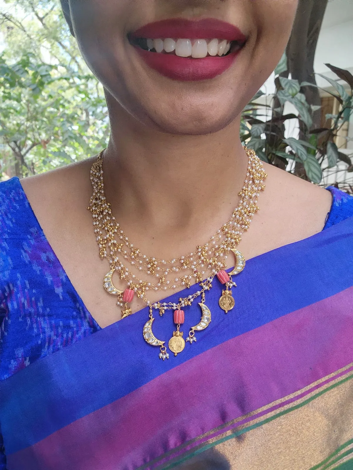 Pearls bunch necklace with kasu , kundan chand hangings and coral