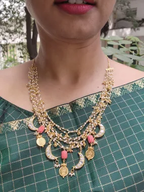 Pearls bunch necklace with kasu , kundan chand hangings and coral