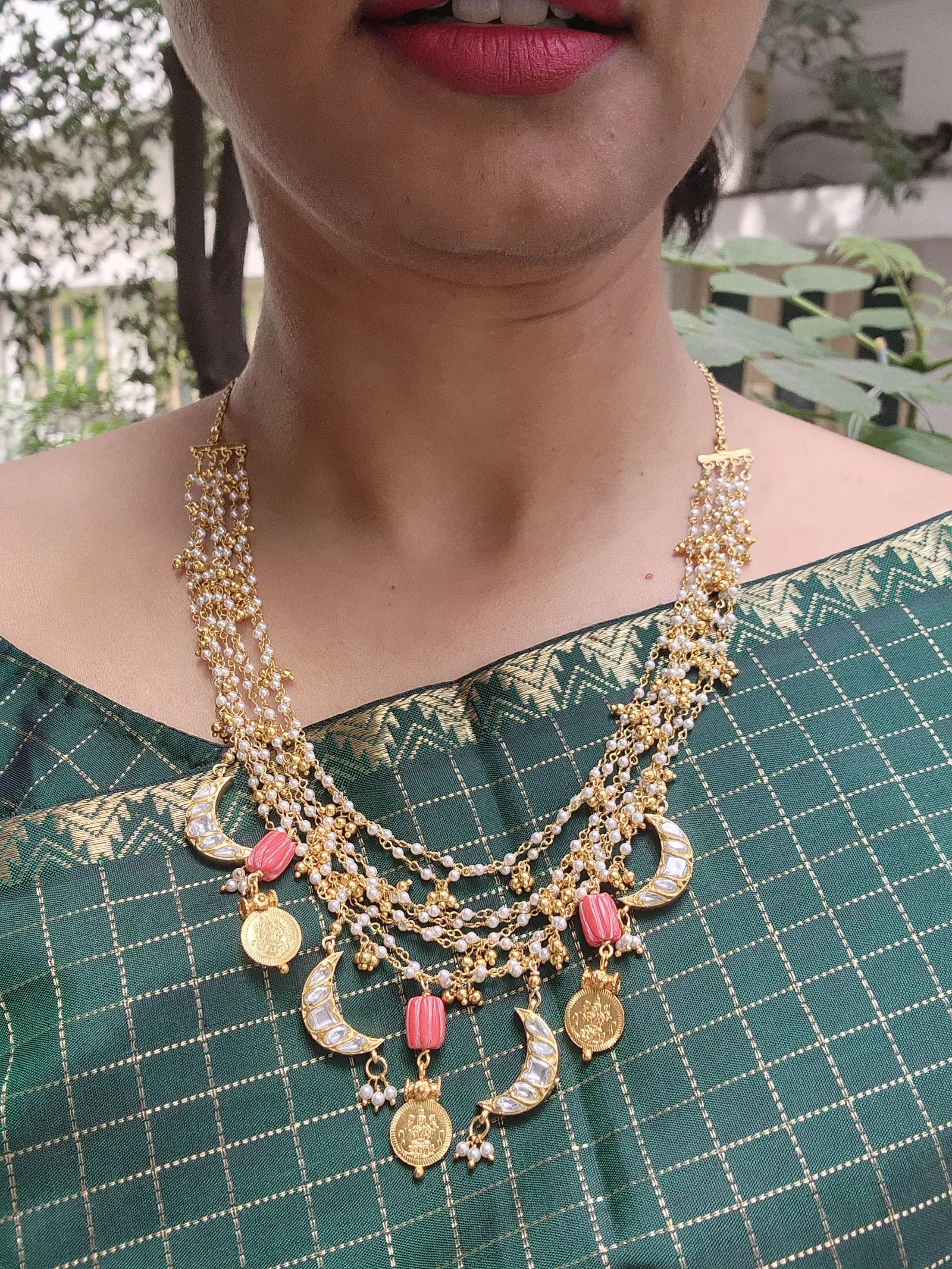 Pearls bunch necklace with kasu , kundan chand hangings and coral