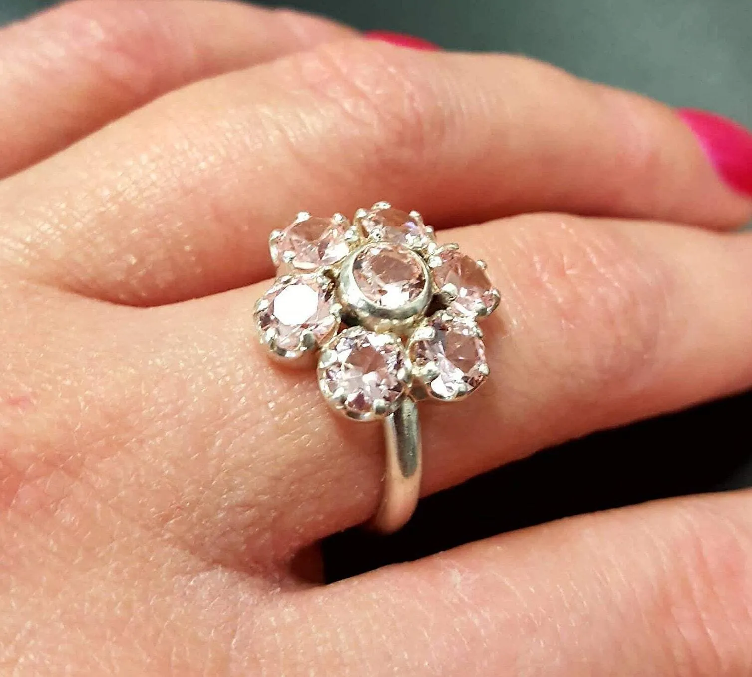 Pink Flower Ring - Large Morganite Ring - Vintage Flower Ring