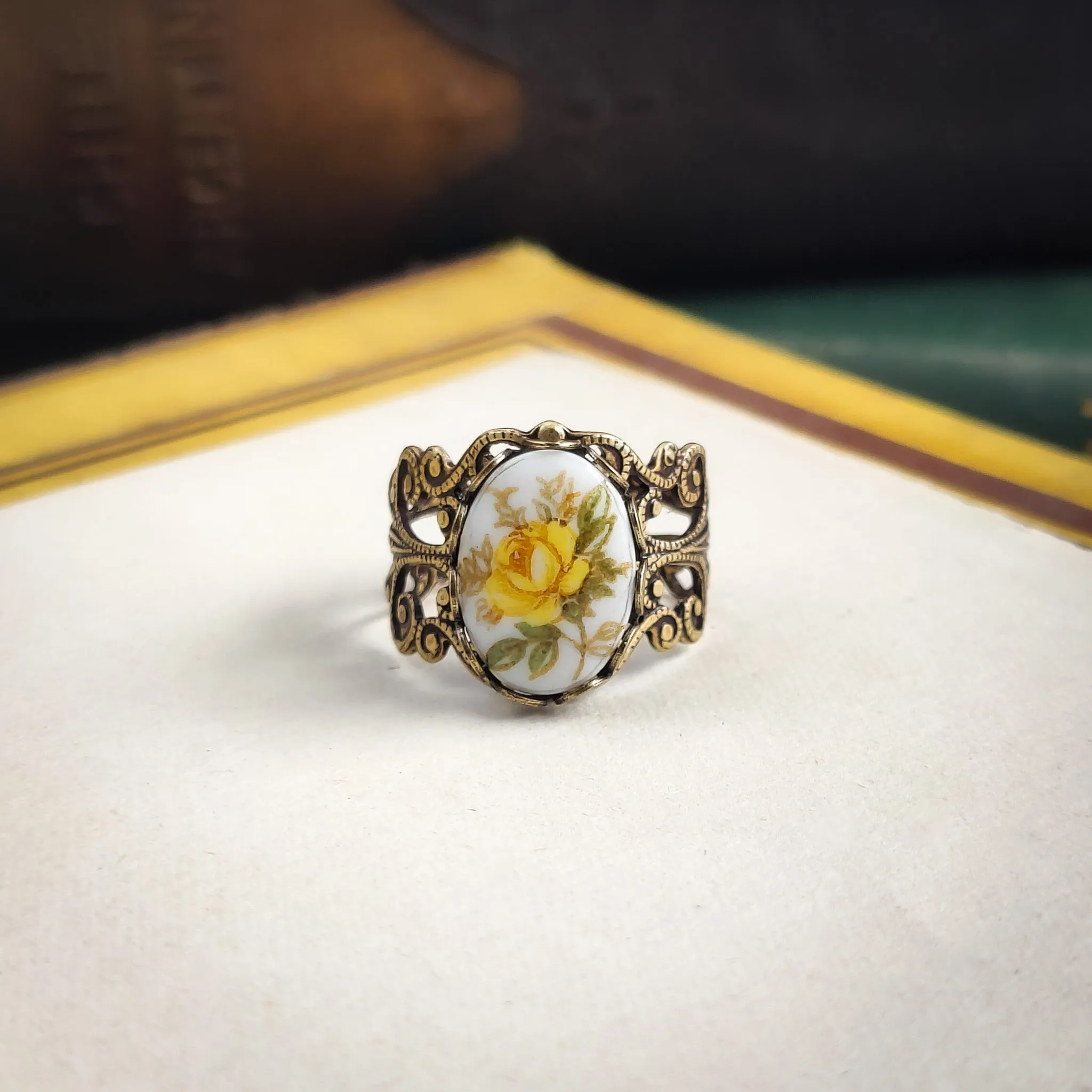 Pink Rose Cameo Ring on Vintage Style Filigree Adjustable Ring in Silver or Brass Choose from Pink, Blue, or Yellow