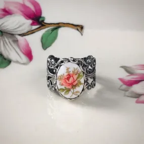 Pink Rose Cameo Ring on Vintage Style Filigree Adjustable Ring in Silver or Brass Choose from Pink, Blue, or Yellow