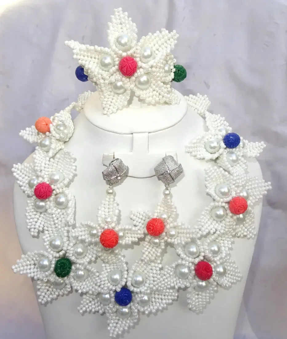 PrestigeApplause Latest Design crystal White with Multi color Coral Beads Bridal Wedding Jewelry Set