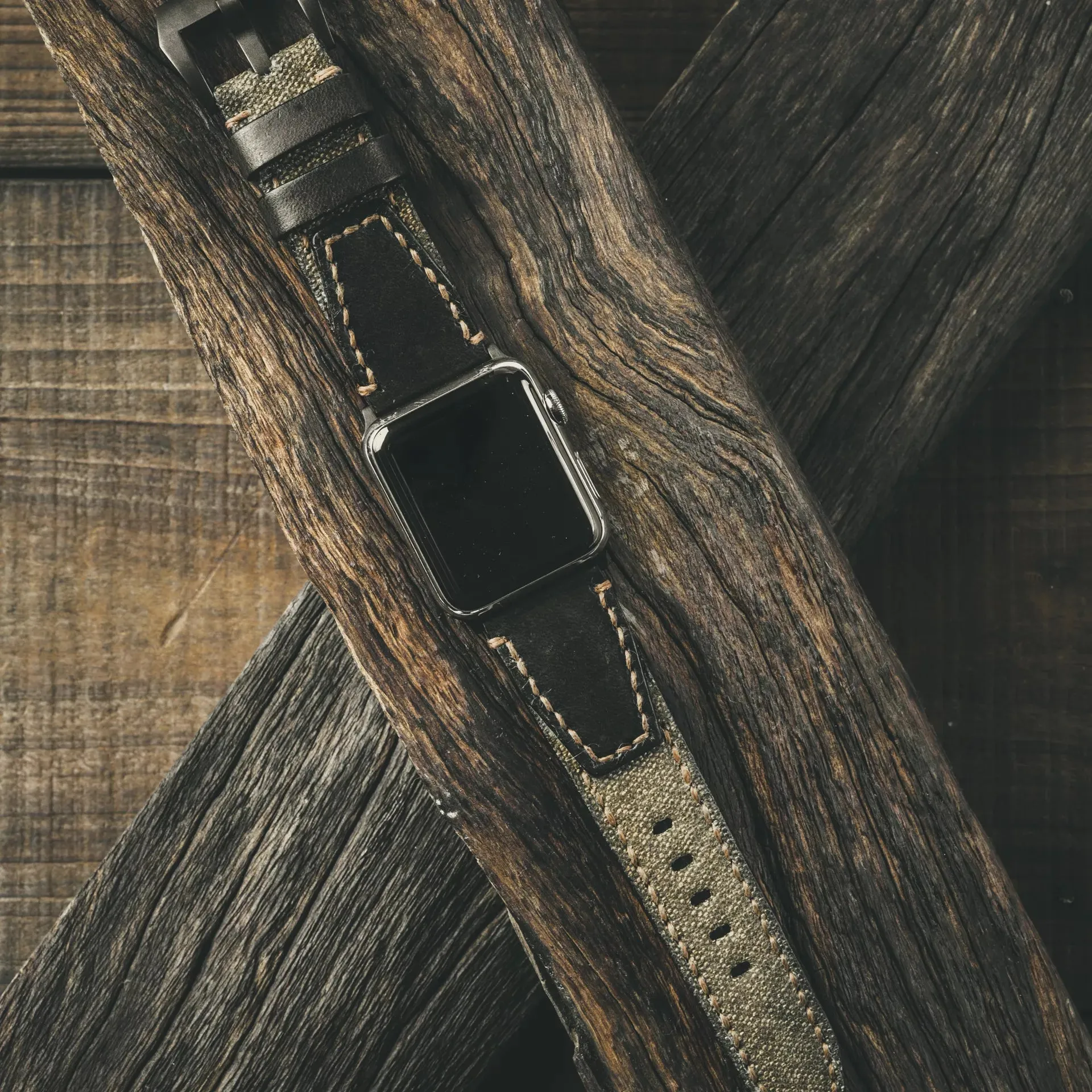 "Salt & Pepper" Swiss Army Rucksack Handmade Strap, Black Leather (for Apple Watch)