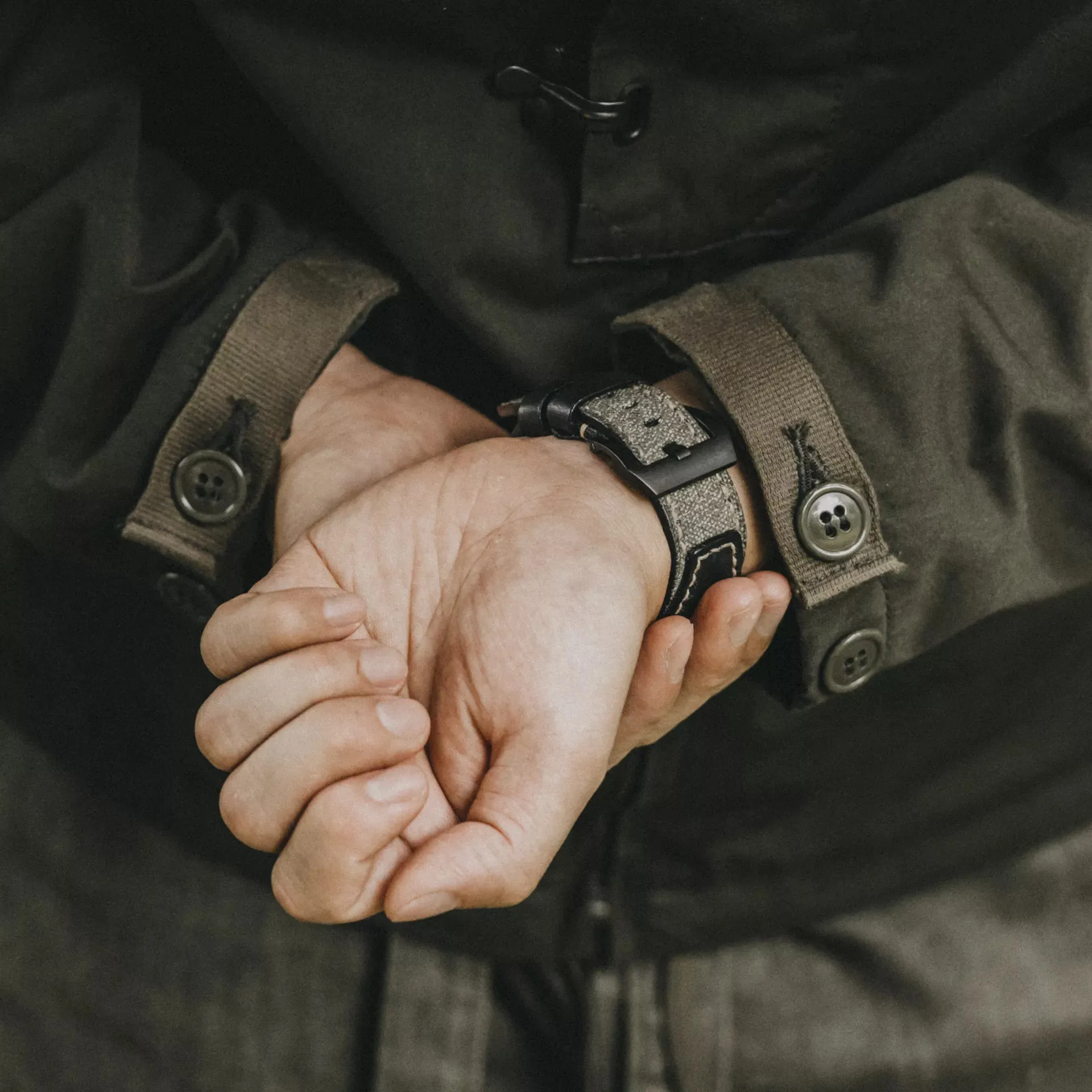 "Salt & Pepper" Swiss Army Rucksack Handmade Strap, Black Leather (for Apple Watch)
