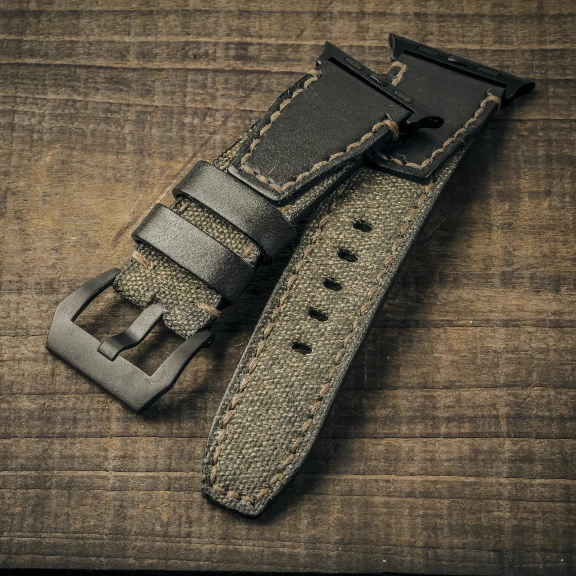 "Salt & Pepper" Swiss Army Rucksack Handmade Strap, Black Leather (for Apple Watch)