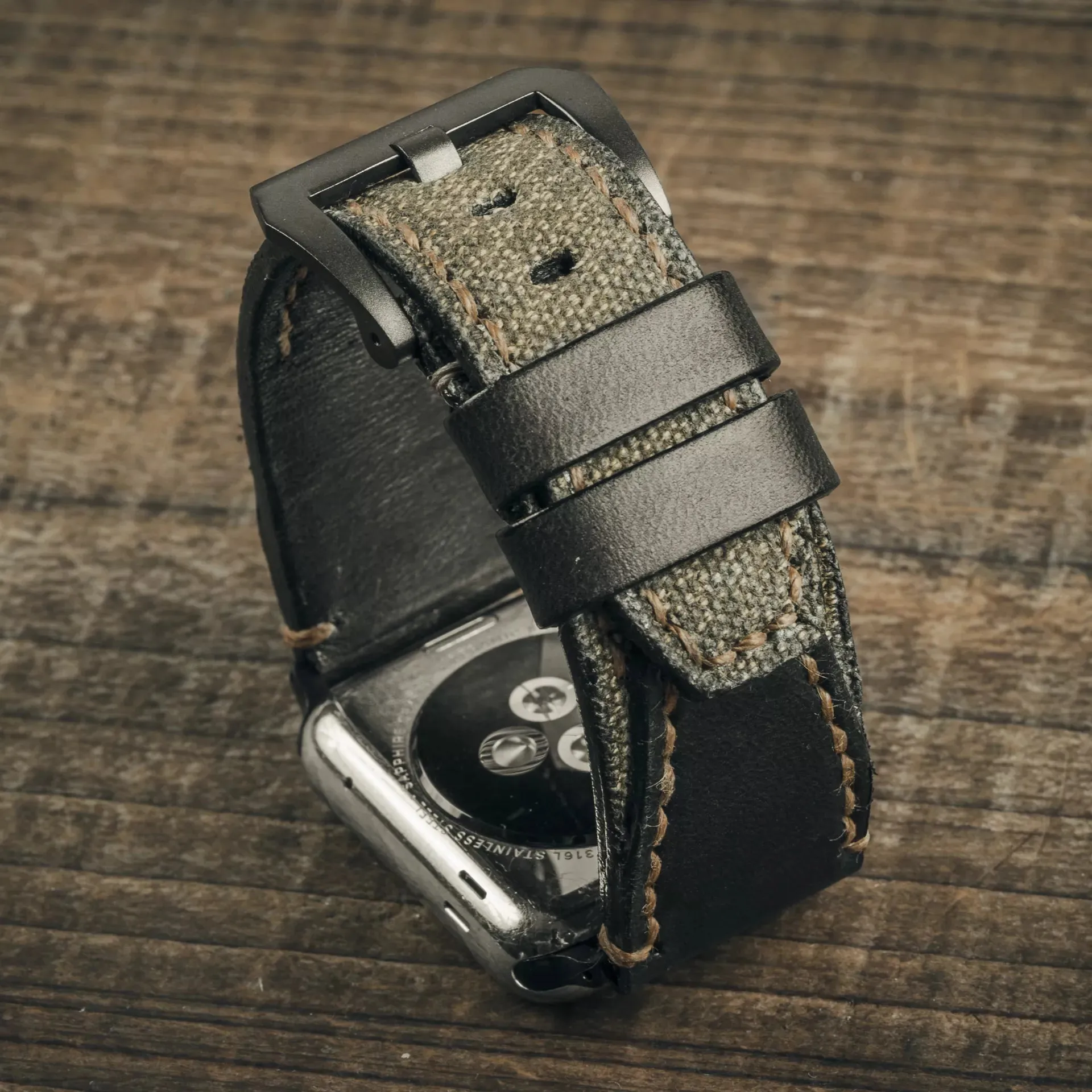"Salt & Pepper" Swiss Army Rucksack Handmade Strap, Black Leather (for Apple Watch)