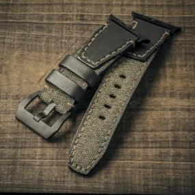 "Salt & Pepper" Swiss Army Rucksack Handmade Strap, Black Leather (for Apple Watch)
