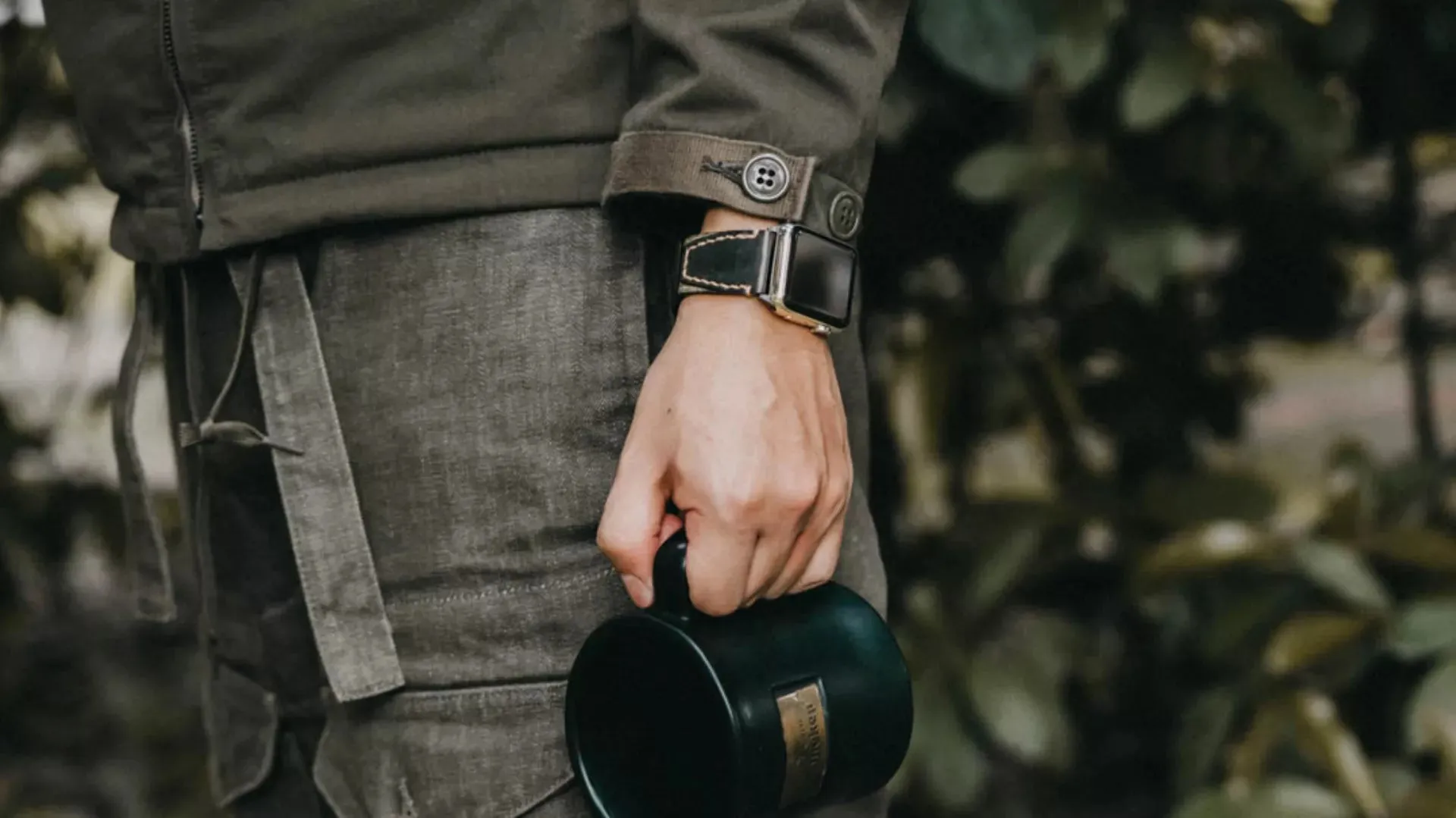 "Salt & Pepper" Swiss Army Rucksack Handmade Strap, Black Leather (for Apple Watch)