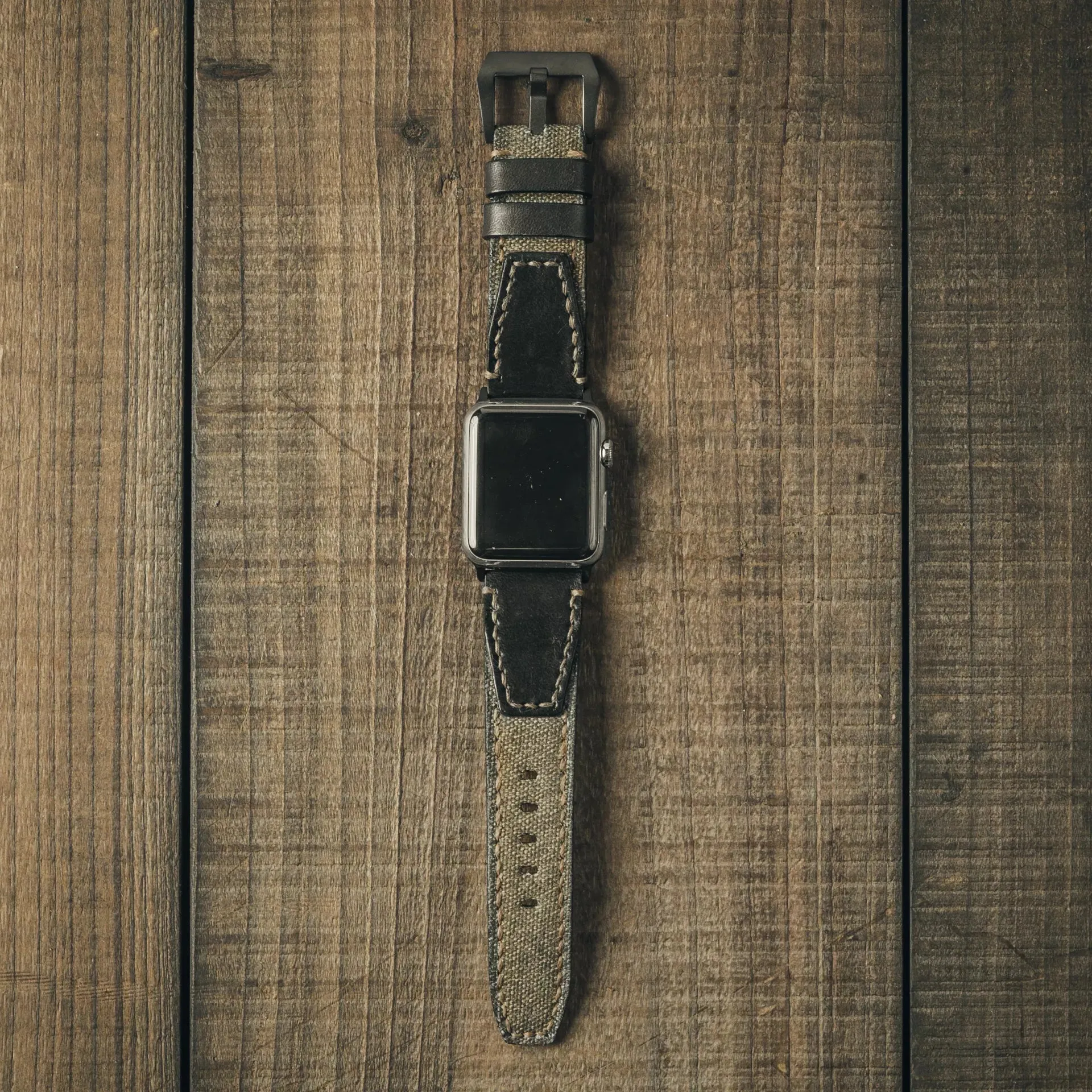 "Salt & Pepper" Swiss Army Rucksack Handmade Strap, Black Leather (for Apple Watch)