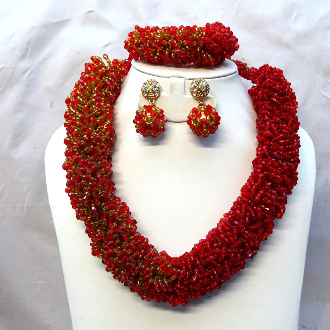 Red & Gold Crystal Beads Necklace Jewellery Party Bridal Wedding Set