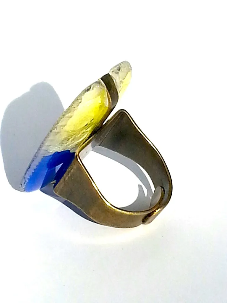 Ring Hand Cast French Glass Horse Blue and Yellow
