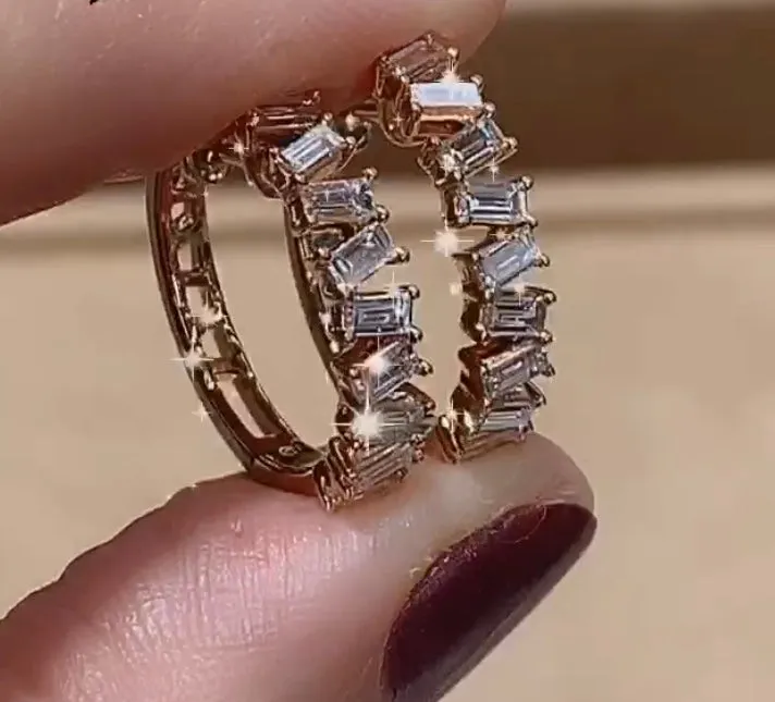Rose Gold Emerald Cut Off Center Diamond Hoops
