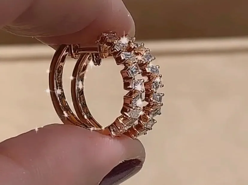 Rose Gold Emerald Cut Off Center Diamond Hoops