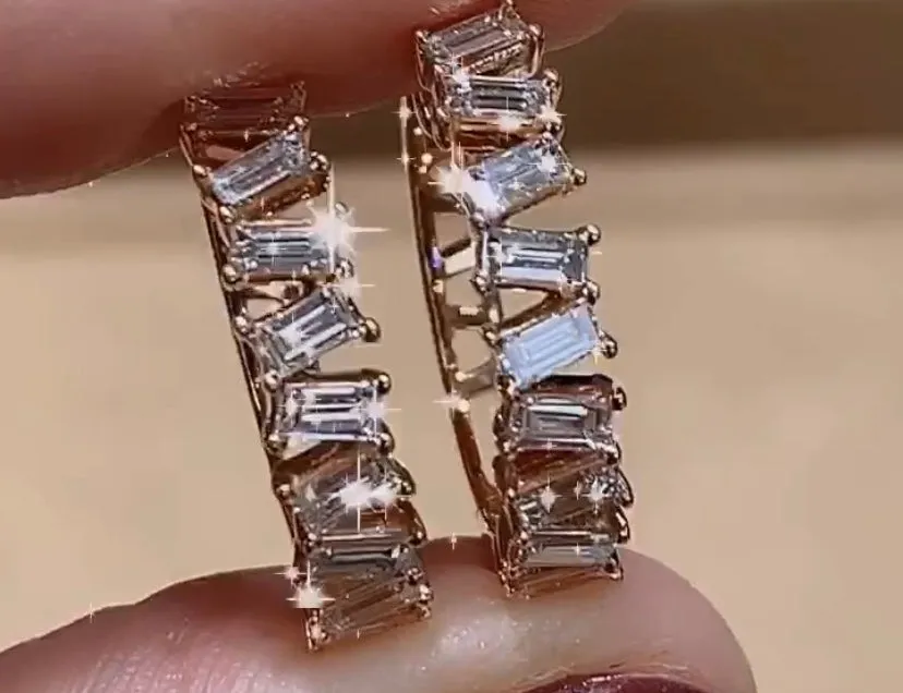 Rose Gold Emerald Cut Off Center Diamond Hoops
