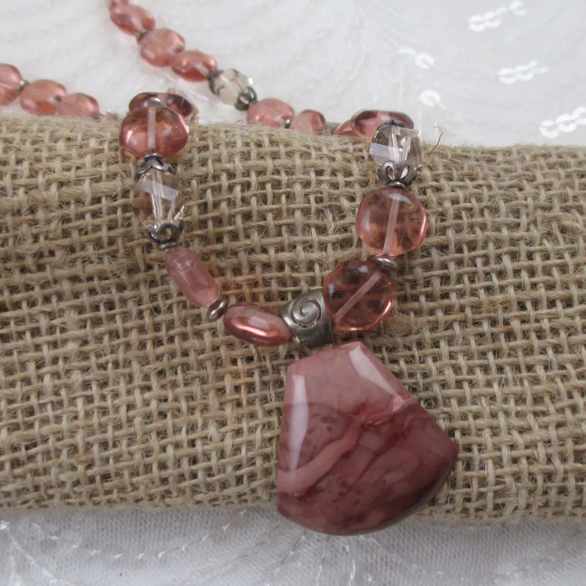 Rose Quartz Crystal  Beaded Necklace with Imperial Jasper Pendant