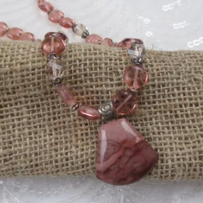 Rose Quartz Crystal  Beaded Necklace with Imperial Jasper Pendant