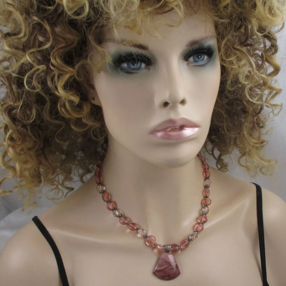 Rose Quartz Crystal  Beaded Necklace with Imperial Jasper Pendant