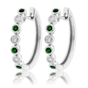 Round Bezel Set Emerald & Diamond Hoop Earrings