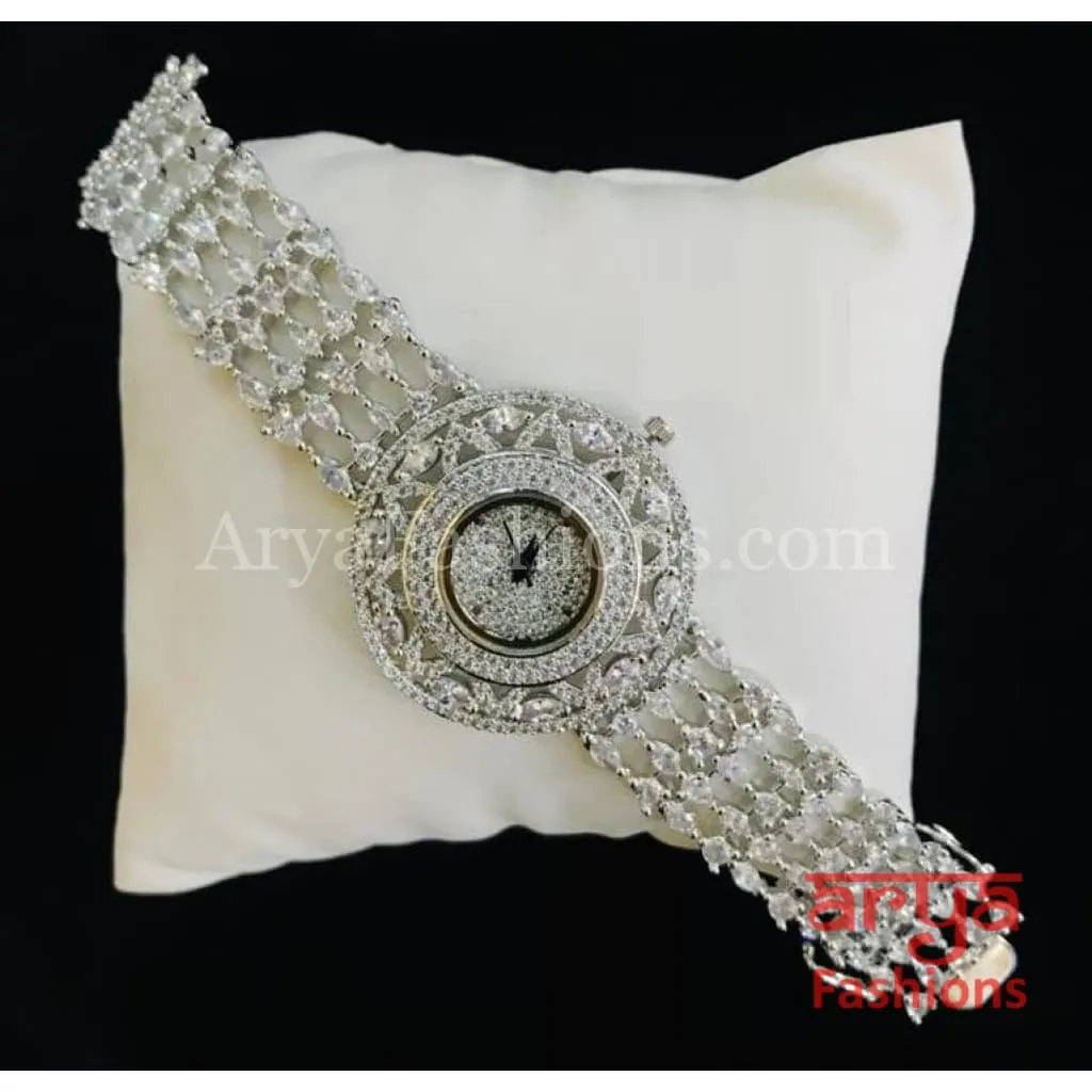 Round Dial CZ Bracelet Watch/ CZ Stone Designer Female Wrist Watch/ Hip Hop Watch