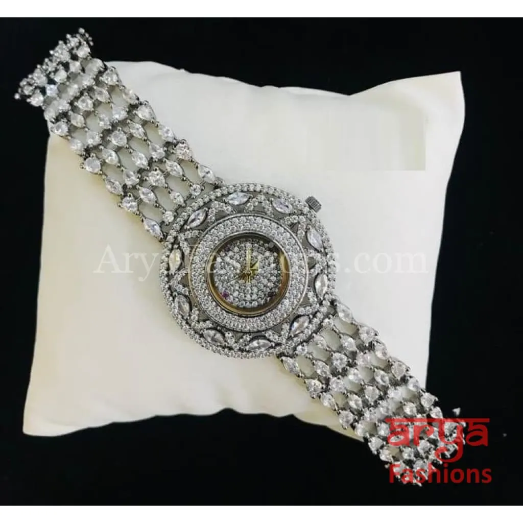 Round Dial CZ Bracelet Watch/ CZ Stone Designer Female Wrist Watch/ Hip Hop Watch
