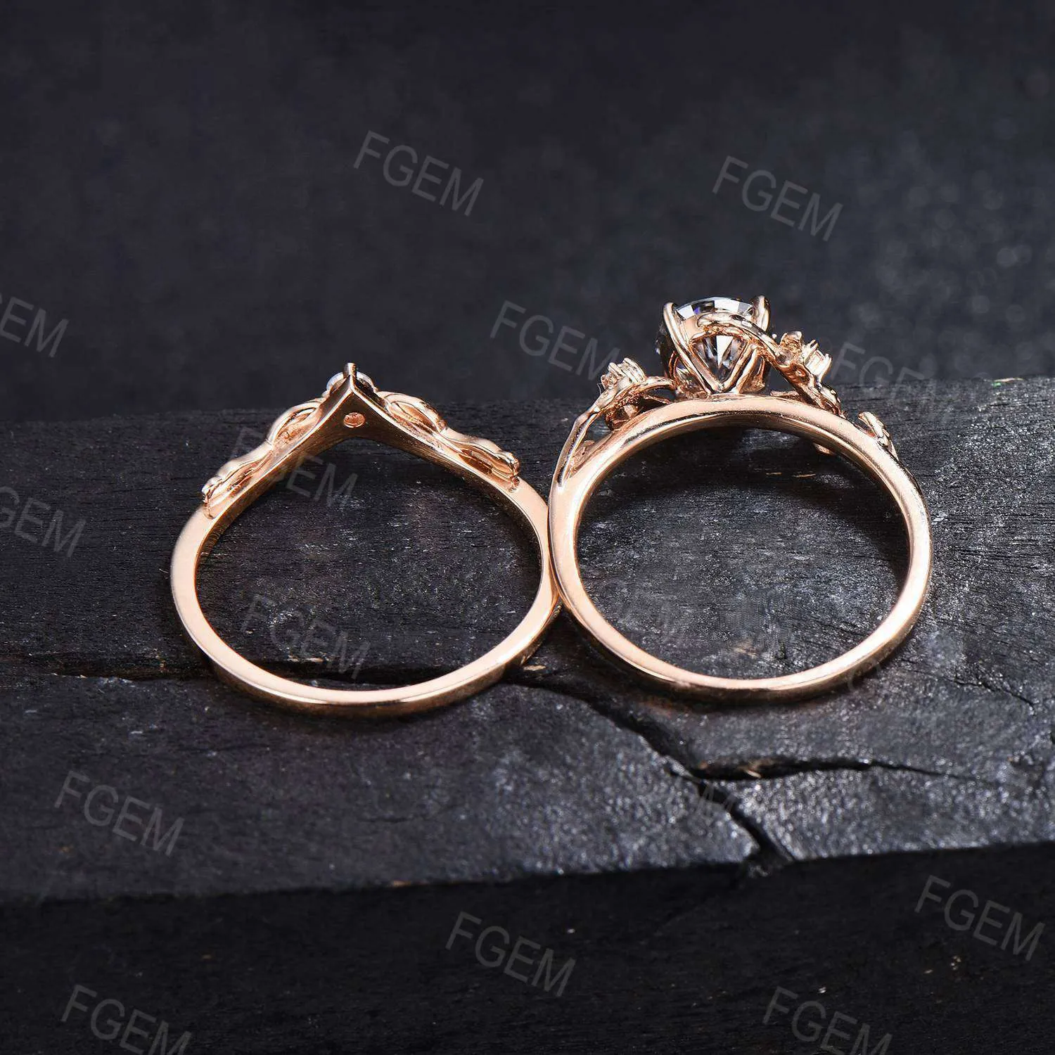 Round Natural Pink Rose Quartz Engagement Ring Set Pink Crystal Ring Nature Inspired Leaf Branch Moonstone Bridal Set Anniversary Women Gift