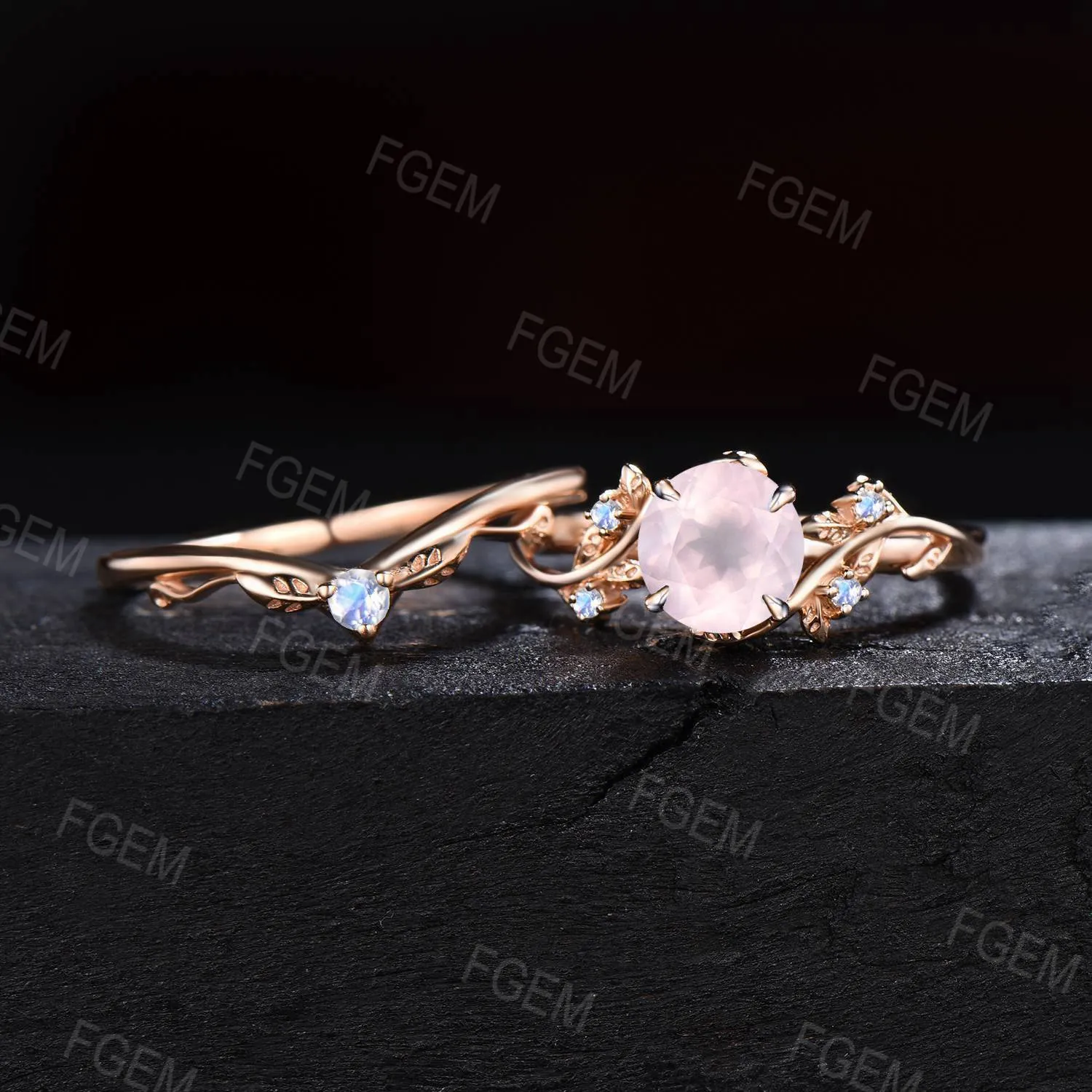 Round Natural Pink Rose Quartz Engagement Ring Set Pink Crystal Ring Nature Inspired Leaf Branch Moonstone Bridal Set Anniversary Women Gift