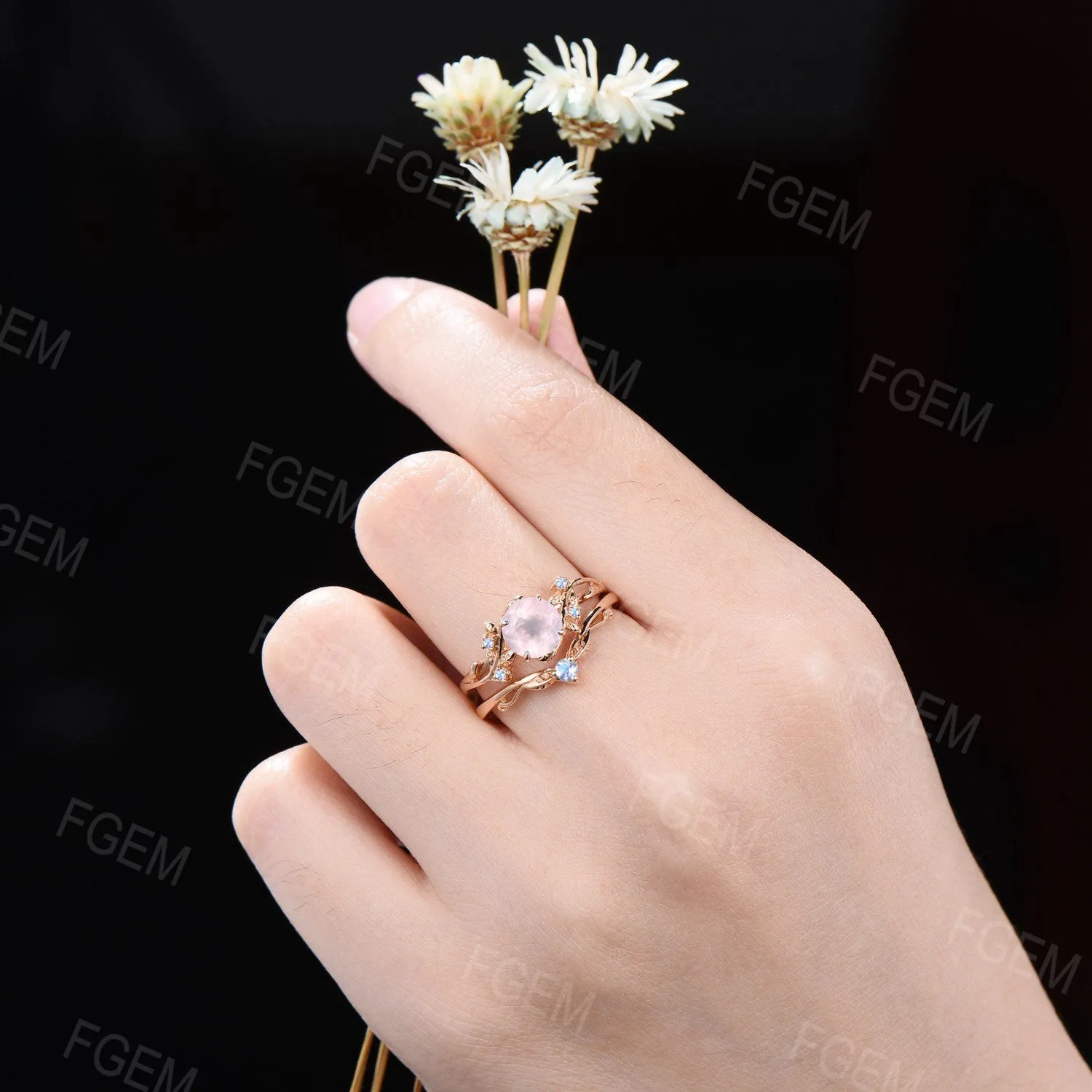 Round Natural Pink Rose Quartz Engagement Ring Set Pink Crystal Ring Nature Inspired Leaf Branch Moonstone Bridal Set Anniversary Women Gift