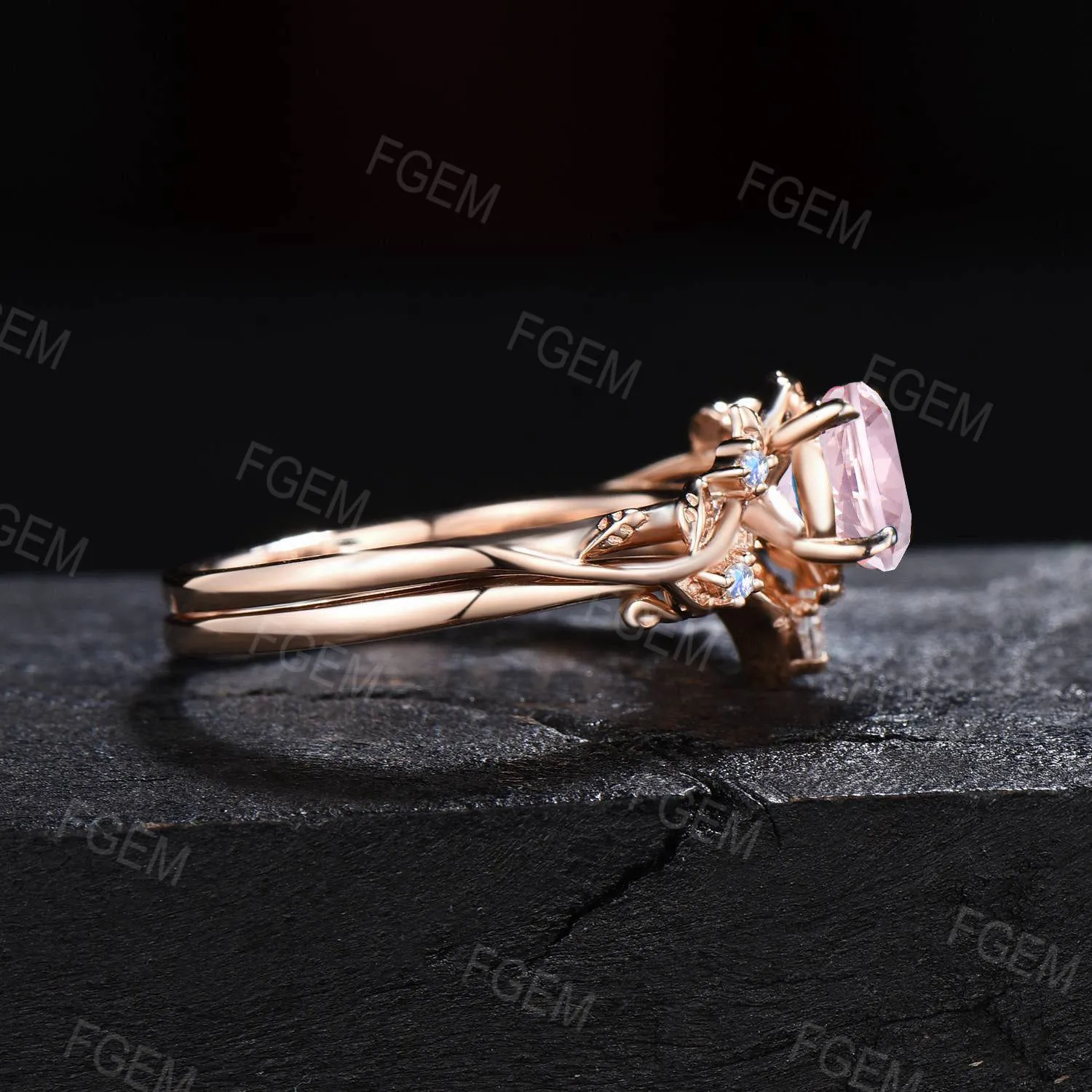 Round Natural Pink Rose Quartz Engagement Ring Set Pink Crystal Ring Nature Inspired Leaf Branch Moonstone Bridal Set Anniversary Women Gift