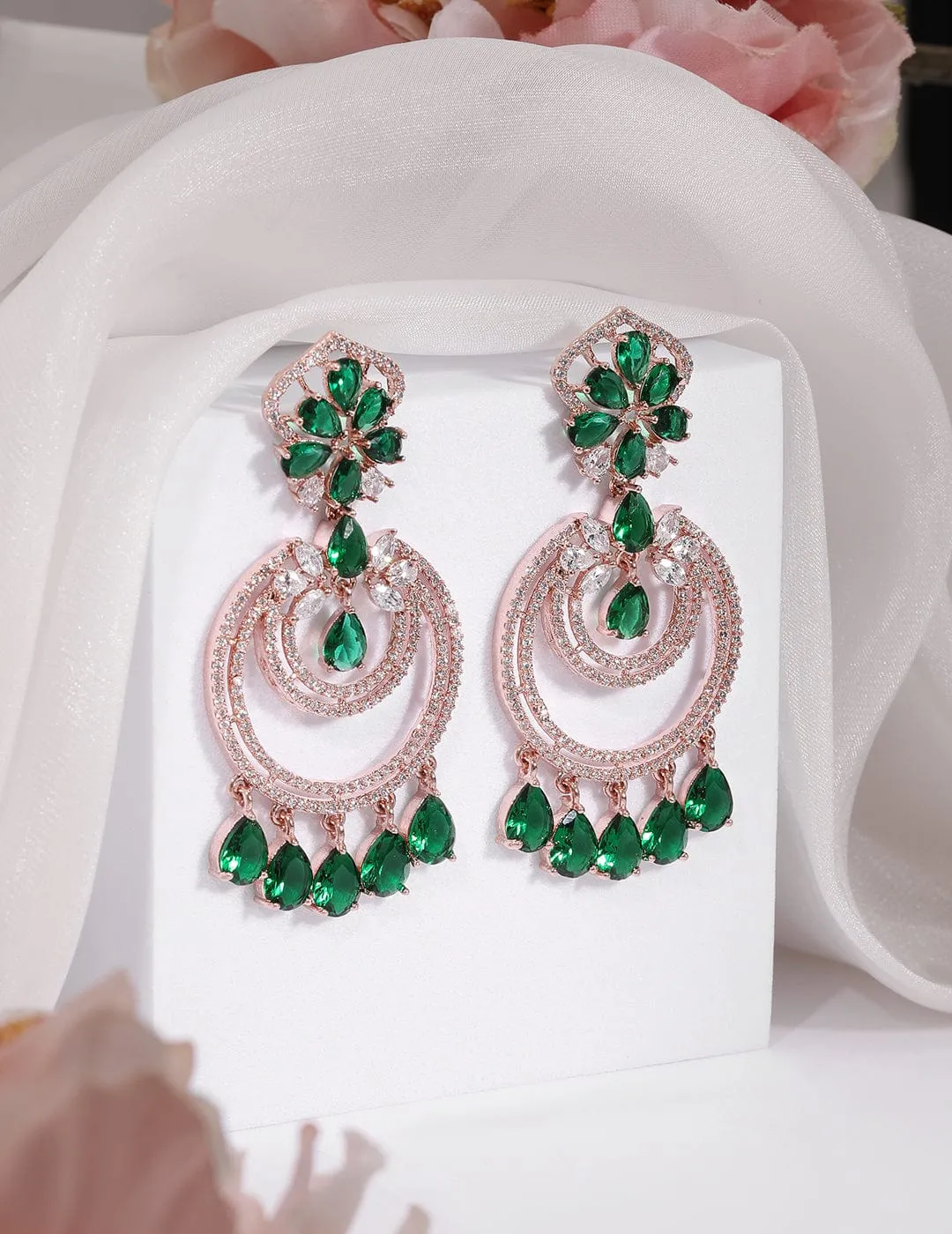 Rubans 18K Gold-Plated Emerald & Zirconia Studded Green Beaded Long Chandbali Earring