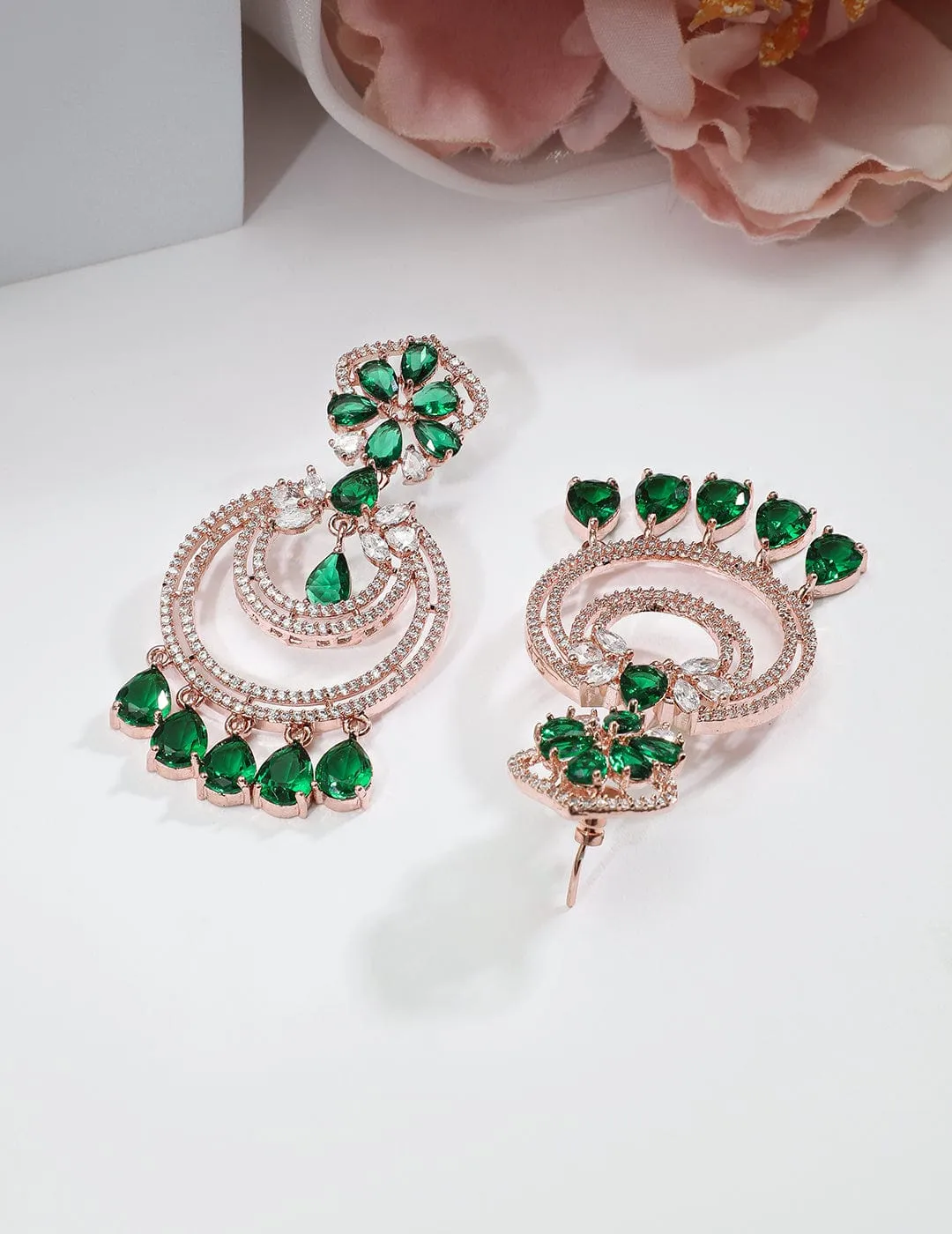 Rubans 18K Gold-Plated Emerald & Zirconia Studded Green Beaded Long Chandbali Earring