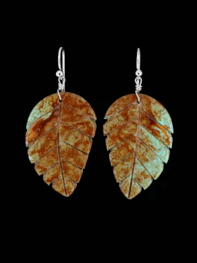 Santo Domingo Turquoise Carved Leaf Slab Dangle Earrings