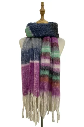SC-7209-A Fuchsia Pink Stripe Blanket Tassel Scarf