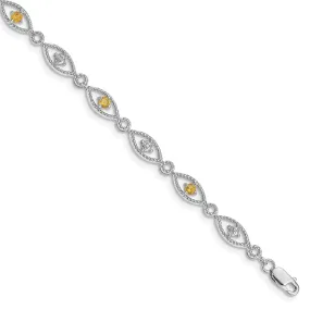 Silver Citrine Gemstone Round Diamond Bracelet